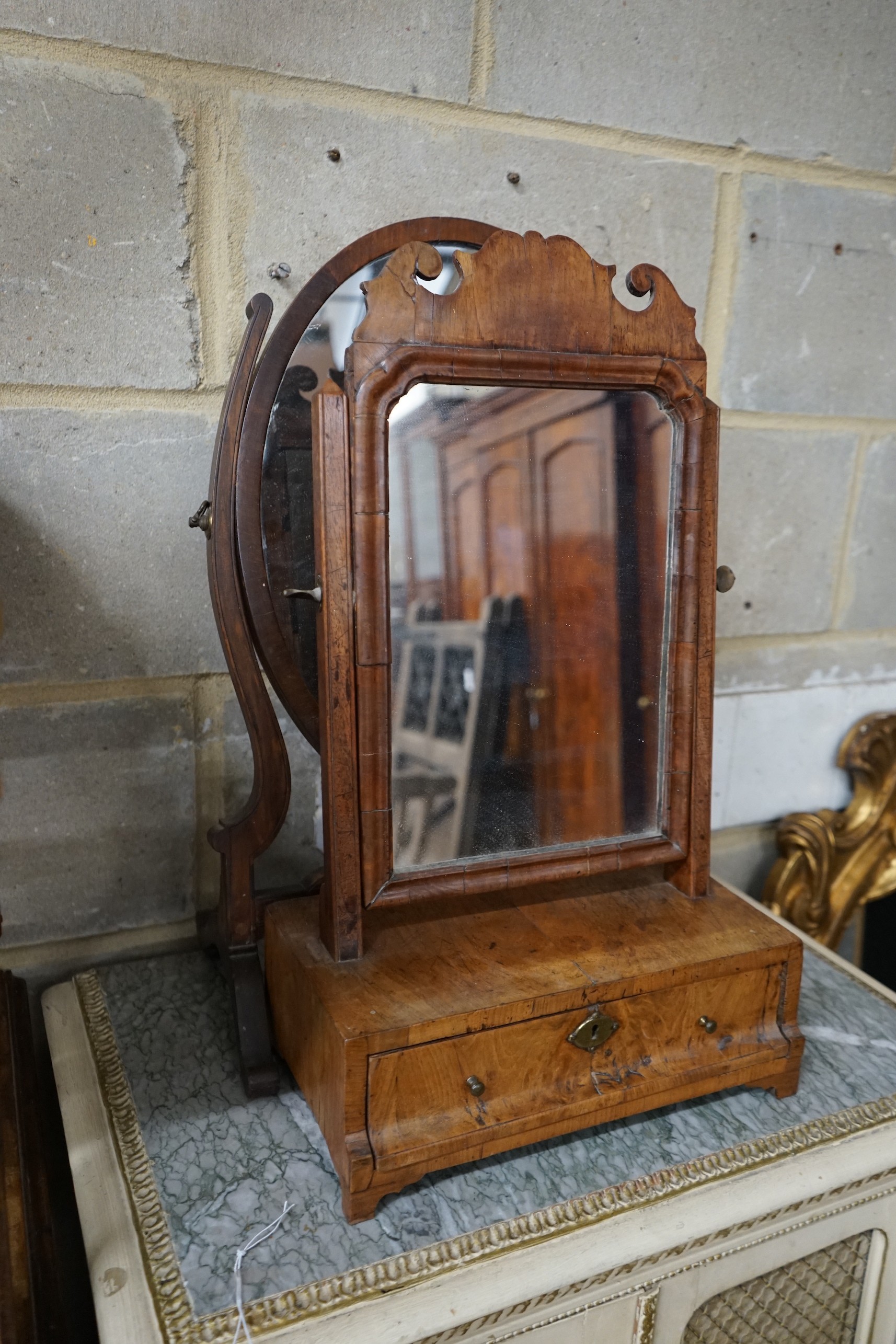 An 18th century walnut toilet mirror, height 56cm, a Victorian X frame stool and a skeleton framed toilet mirror